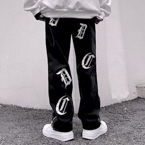 Streetwear Embroidered letter straight leg denim jeans